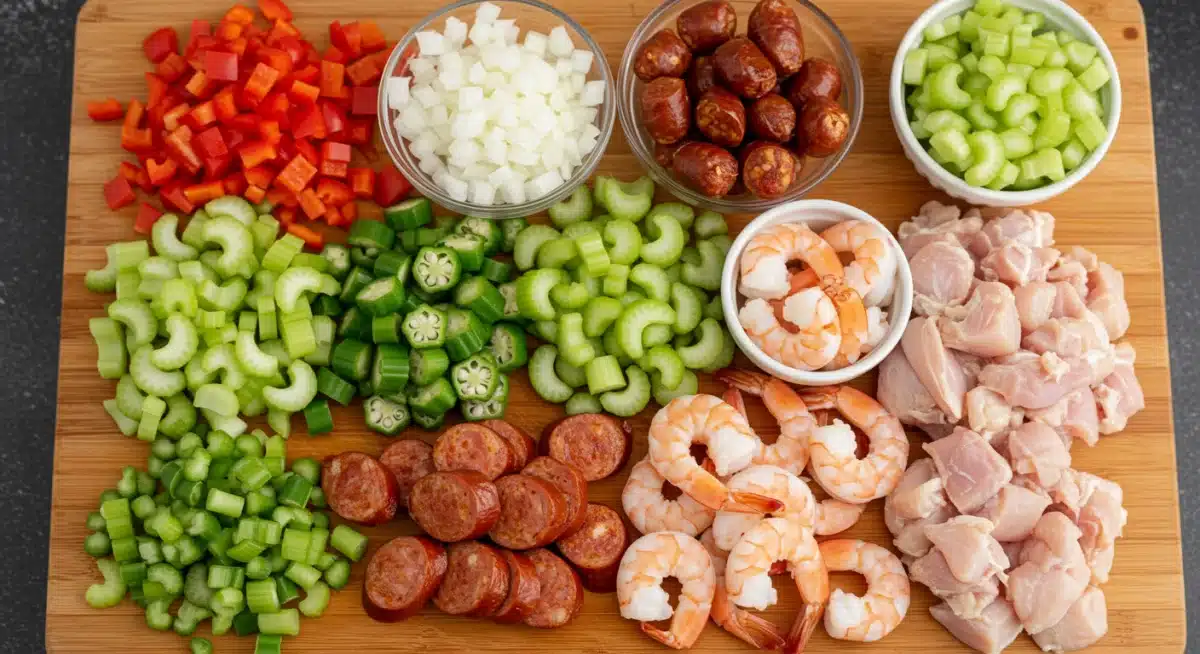 Mise en place for Creole Gumbo ingredients