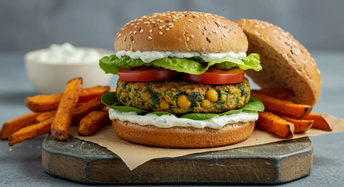 Hamburguesa vegetariana de garbanzos y espinacas en pan integral con guarnición de patatas dulces.