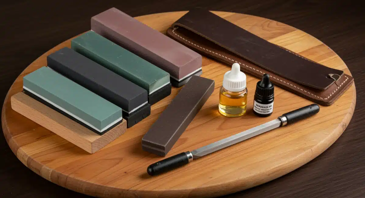 Variedad de herramientas profesionales para afilar cuchillos: piedras de distintos granos, chaira y asentador de cuero.