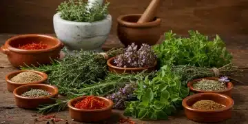 Variedad de hierbas aromáticas españolas frescas sobre mesa de madera, con mortero y especias.