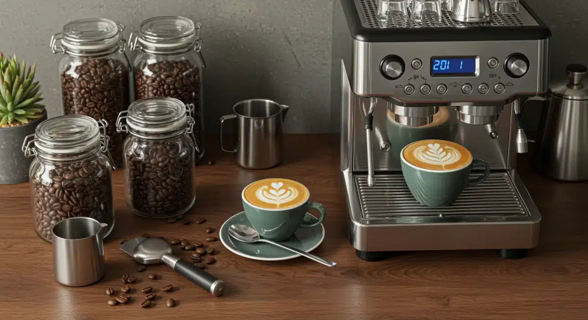 Home barista station with commercial coffee machine and latte art.