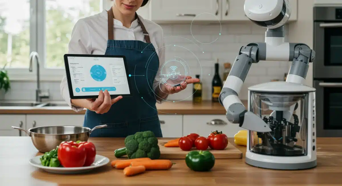 Home chef managing smart kitchen devices with a robotic sous chef dicing vegetables.