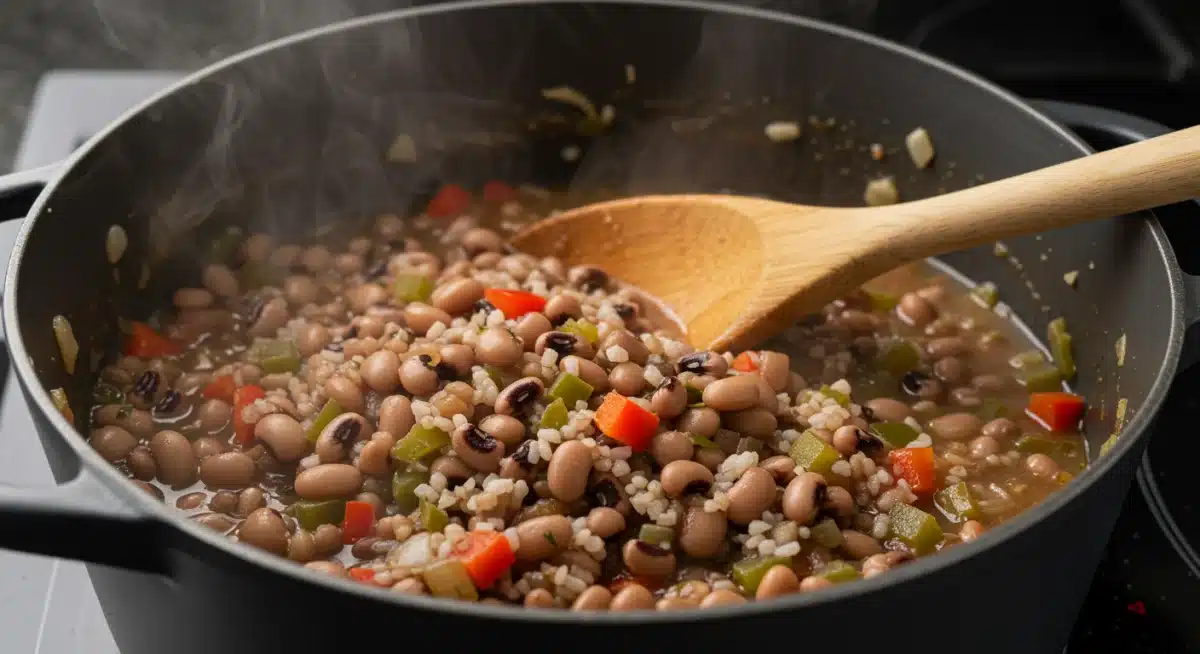 Traditional Hoppin' John simmering in a pot