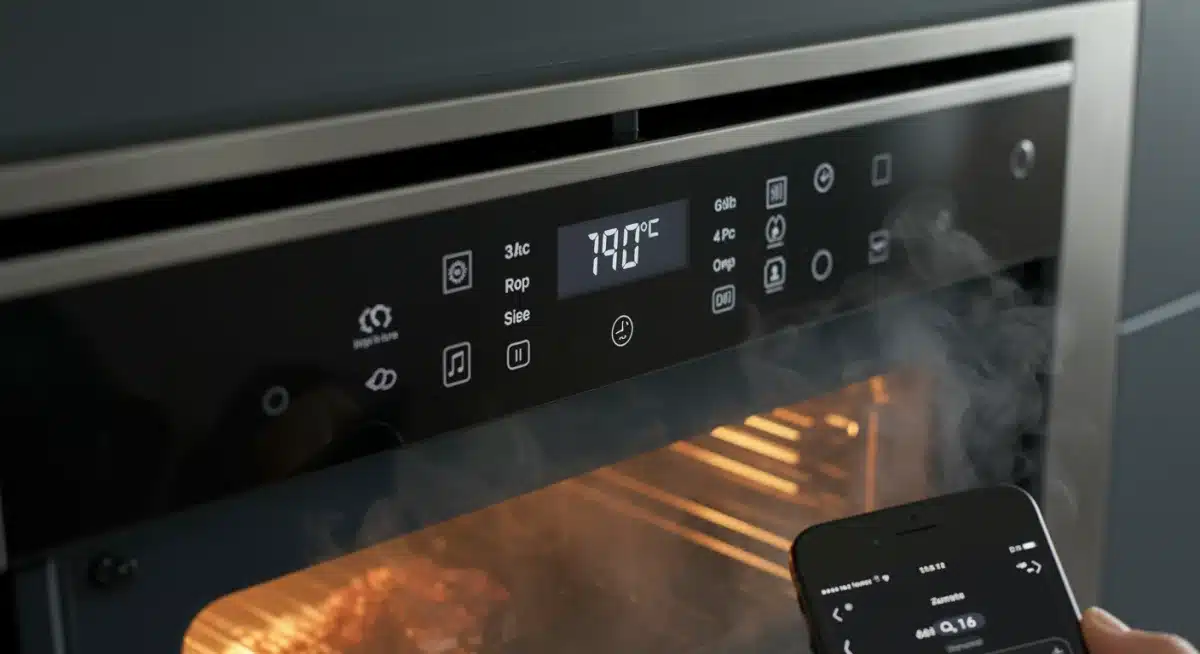 Horno inteligente con pantalla digital y smartphone mostrando control remoto de la cocción.