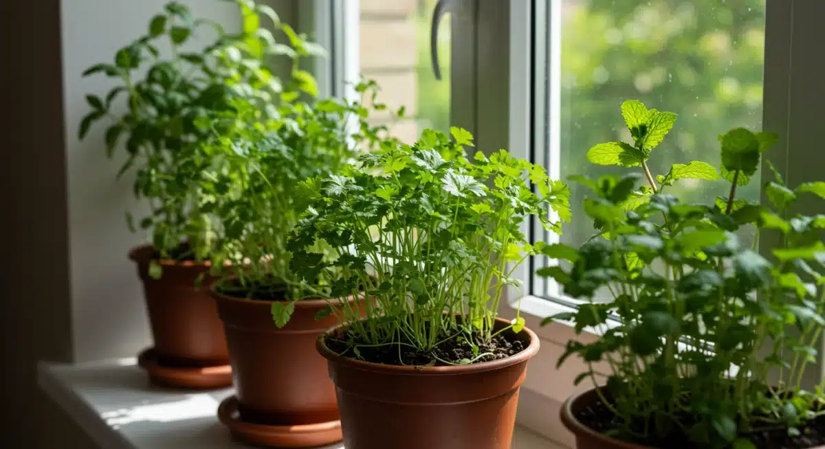 Huerto casero de hierbas aromáticas españolas en macetas junto a una ventana soleada.