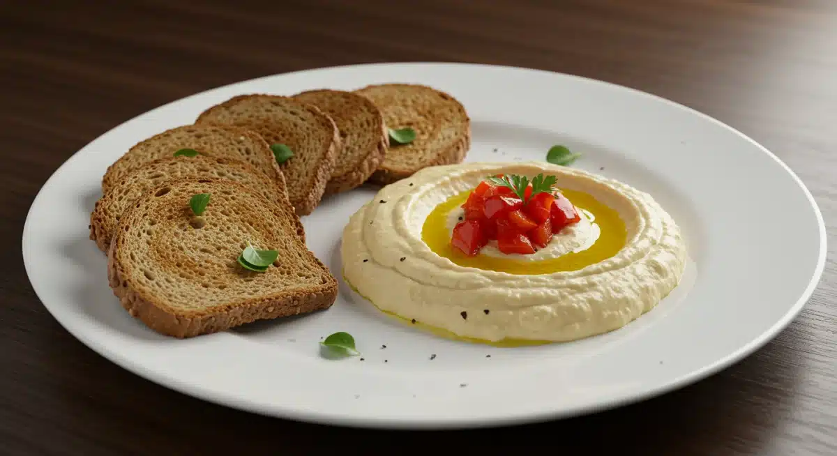 Hummus de garbanzos casero con pimientos asados y tostaditas integrales