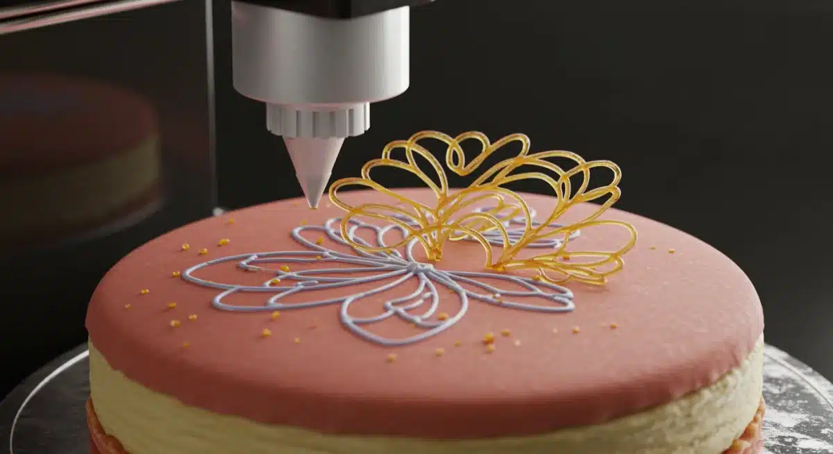 Impressora 3D de alimentos criando decorações comestíveis detalhadas para um bolo.
