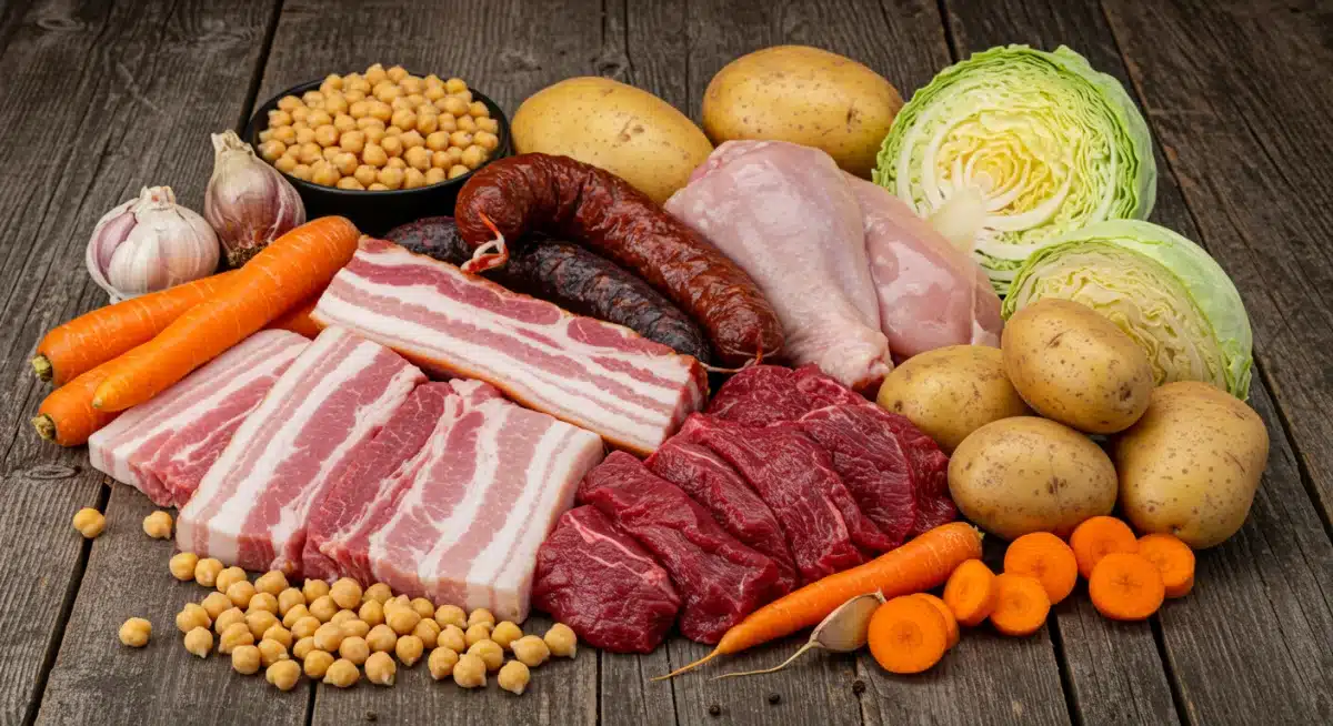 Ingredientes frescos y variados para cocido madrileño