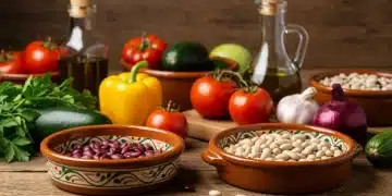 Ingredientes frescos y económicos para recetas españolas en una cocina rústica.