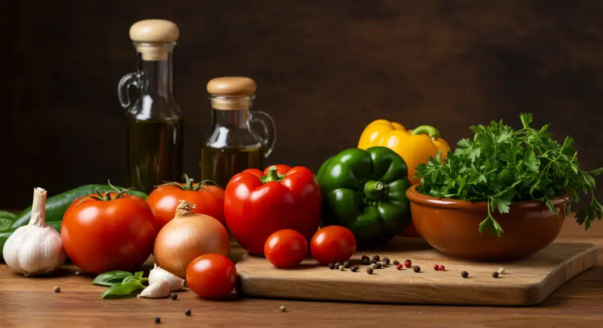 Ingredientes frescos de temporada en una cocina rústica española.