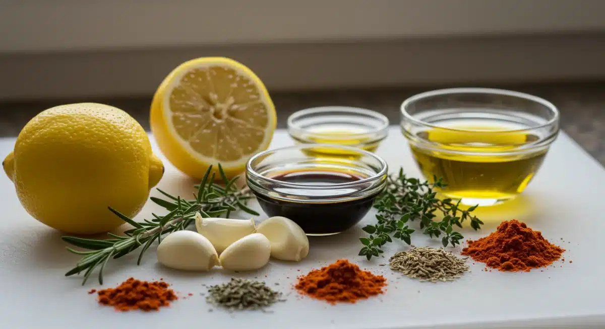 Ingredientes frescos y aromáticos para marinadas, como limón, ajo, romero y especias, listos para usar.