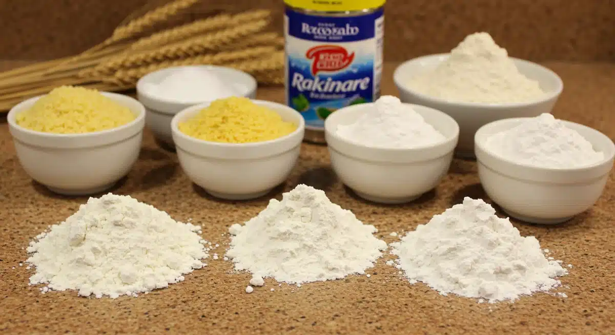 Variedad de harinas y agentes leudantes como almidón de maíz o levadura en polvo, esenciales para un rebozado perfecto.