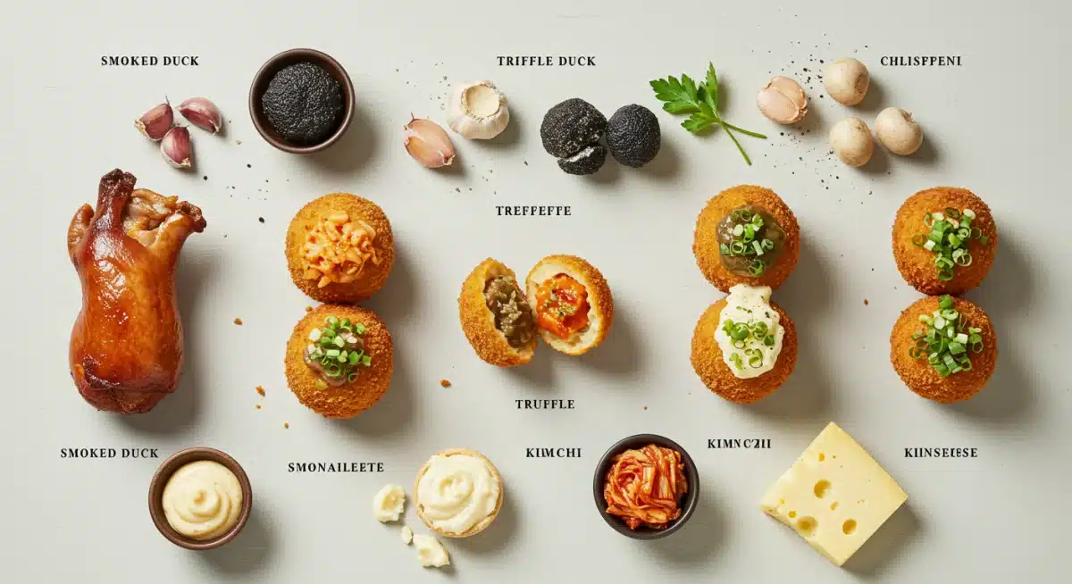 Ingredientes frescos y rellenos de croquetas innovadoras como pato ahumado, trufa y kimchi.
