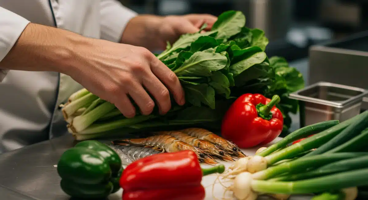 Chef seleccionando ingredientes frescos y sostenibles para una paella, destacando la importancia de la procedencia.
