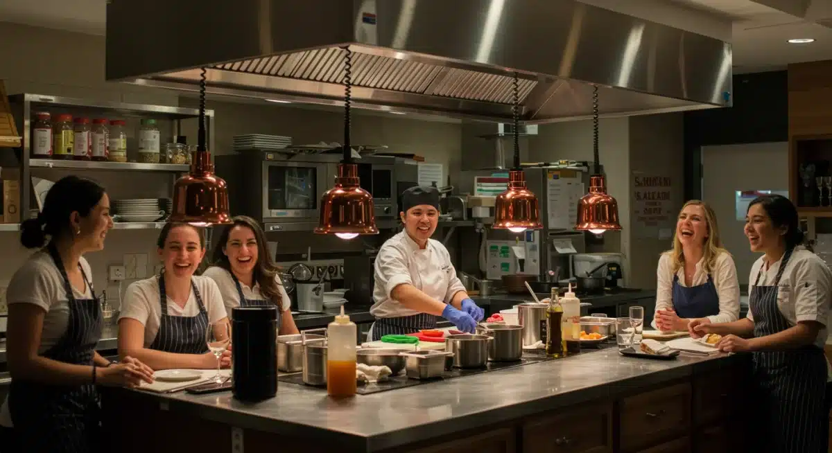 Diners engaging in an interactive cooking class with a chef in an open kitchen.
