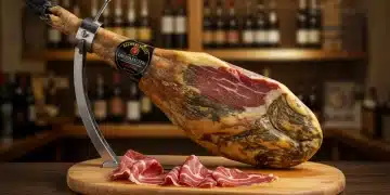 Primer plano de un jamón ibérico de bellota recién cortado, mostrando su veteado y brillo característicos.