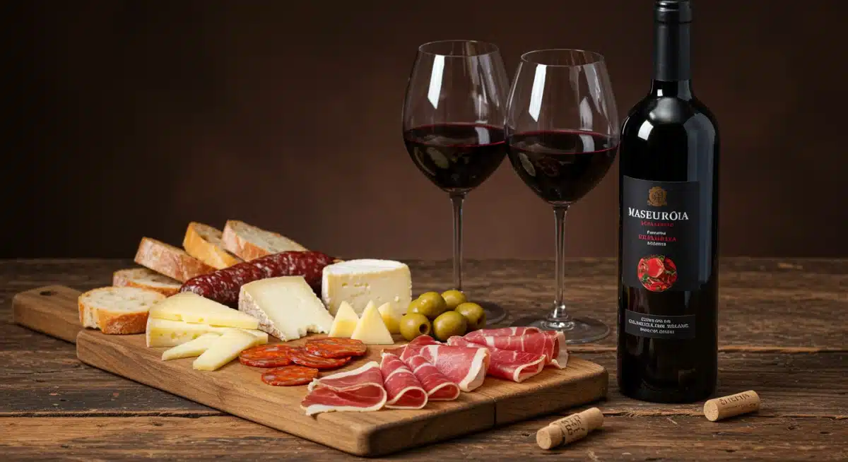 Tabla de embutidos y quesos españoles con Jamón Ibérico y chorizo, maridada con vino tinto.