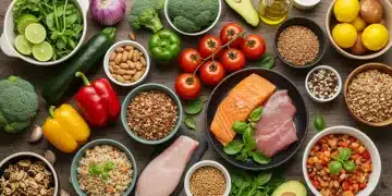 Ingredientes frescos e jantares rápidos saudáveis dispostos em uma mesa de madeira, prontos para a semana de trabalho.