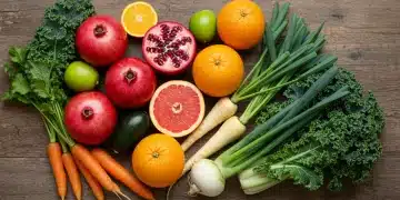 Abundant display of fresh January seasonal produce including kale, citrus, pomegranates, and root vegetables.