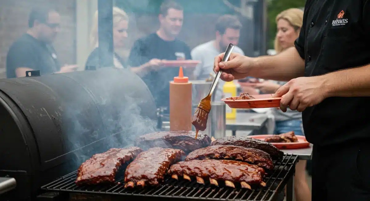 Outdoor Kansas City barbecue scene with smoker, chef basting ribs, and happy diners.