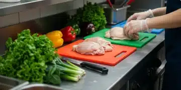 Organized kitchen with separate cutting boards for raw meat and vegetables, highlighting cross-contamination prevention.