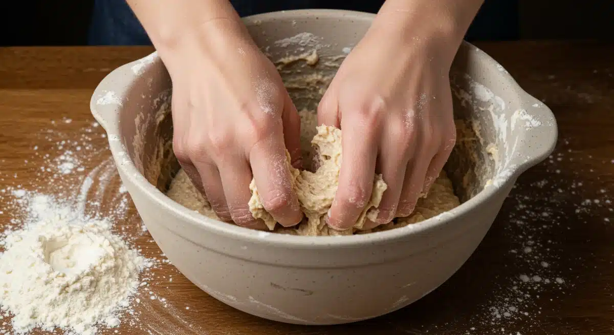 Hands kneading active sourdough starter in a bowl