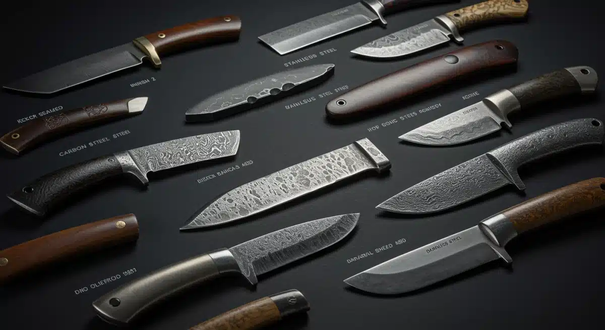 Various types of knife steel, including carbon, stainless, and Damascus, with labels.