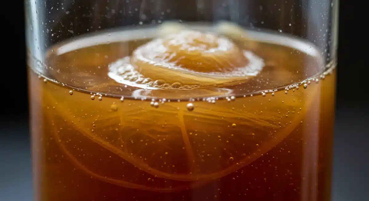 SCOBY actively fermenting kombucha in a glass jar