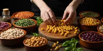 Variedad de legumbres españolas frescas y cocinadas sobre una mesa de madera con especias y hierbas aromáticas.