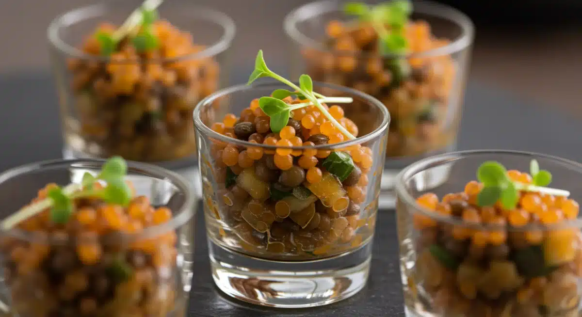 Plato gourmet de lentejas con verduras en forma de caviar, presentado elegantemente en un vaso pequeño.