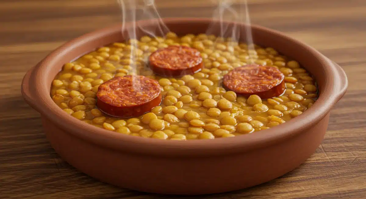Plato humeante de lentejas con chorizo, un guiso español tradicional y económico.