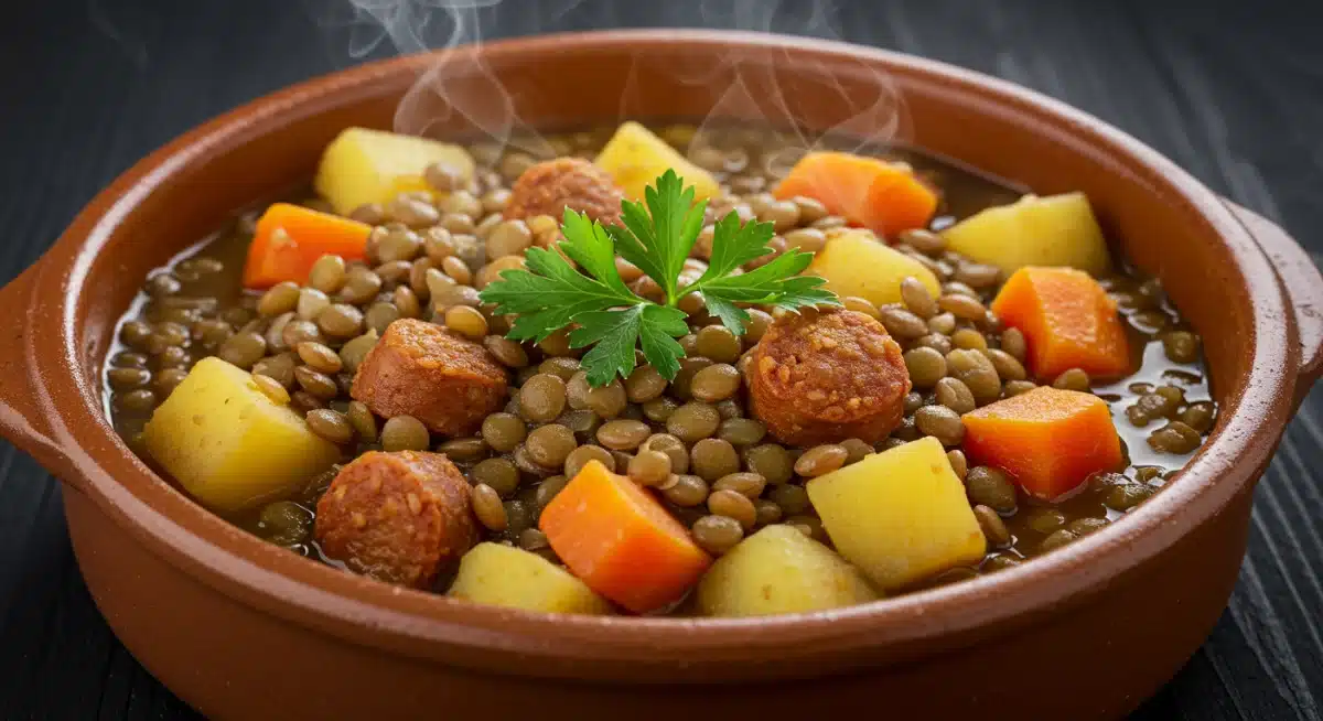 Primer plano de lentejas estofadas con verduras y chorizo vegano en un cuenco rústico