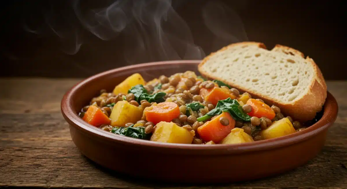 Plato de lentejas con verduras de invierno, un ejemplo de comida de temporada española.