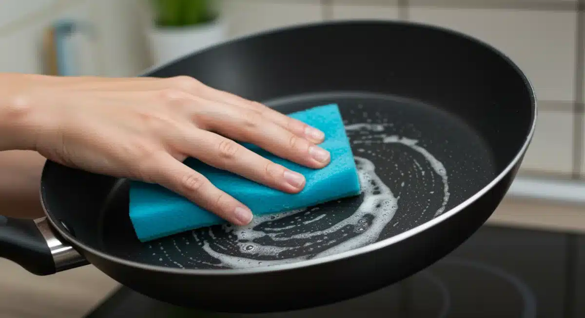 Mão limpando uma panela antiaderente com esponja macia, enfatizando o cuidado e a manutenção.