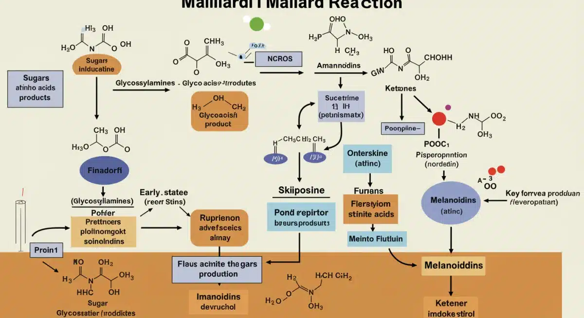 Diagram illustrating the chemical reactions of the Maillard process.