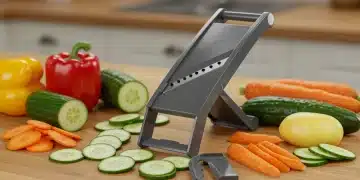 Mandolina de cocina moderna con verduras perfectamente cortadas