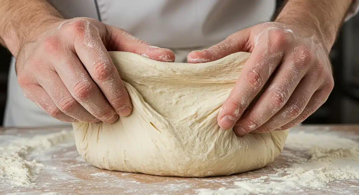 Manos de panadero realizando pliegues a una masa elástica en proceso de fermentación
