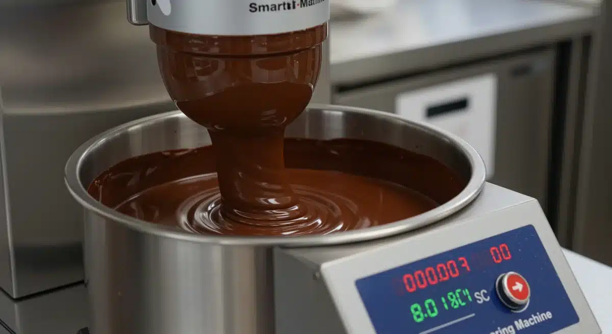 Máquina inteligente de temperar chocolate em funcionamento, mostrando precisão e modernidade.