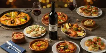 Mesa con botella de vino español, paella, tapas y copas, lista para un maridaje perfecto.