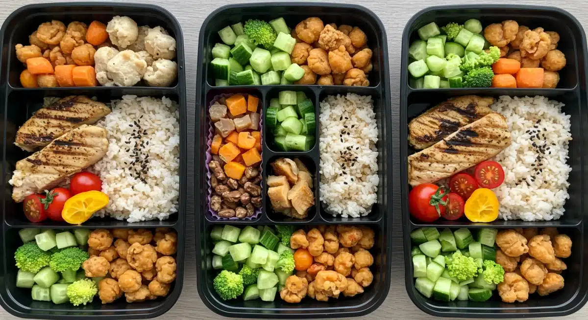 Marmitas organizadas com refeições saudáveis e balanceadas, prontas para a semana, contendo proteína, carboidratos e vegetais, exemplificando planejamento alimentar.