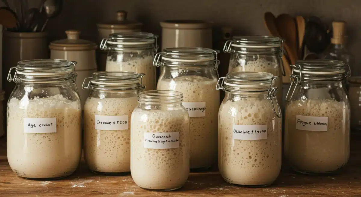 Frascos de cristal con diferentes masas madre activas y burbujeantes