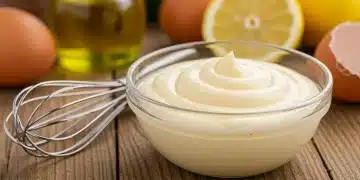 Mayonesa casera perfectamente emulsionada en un cuenco, con ingredientes frescos alrededor.