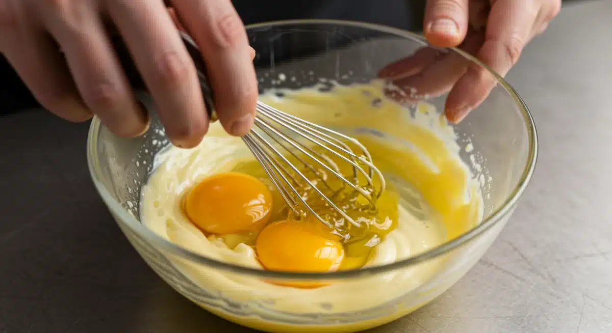 Chef's hand slowly adding oil to egg yolk while whisking for mayonnaise emulsification.