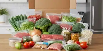 Colorful meal kit ingredients artfully arranged for cooking.