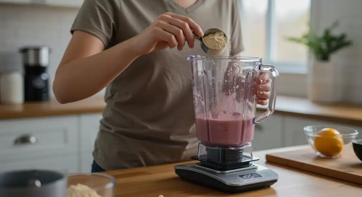 Persona midiendo proteínas con báscula de cocina para nutrición deportiva y control dietético.