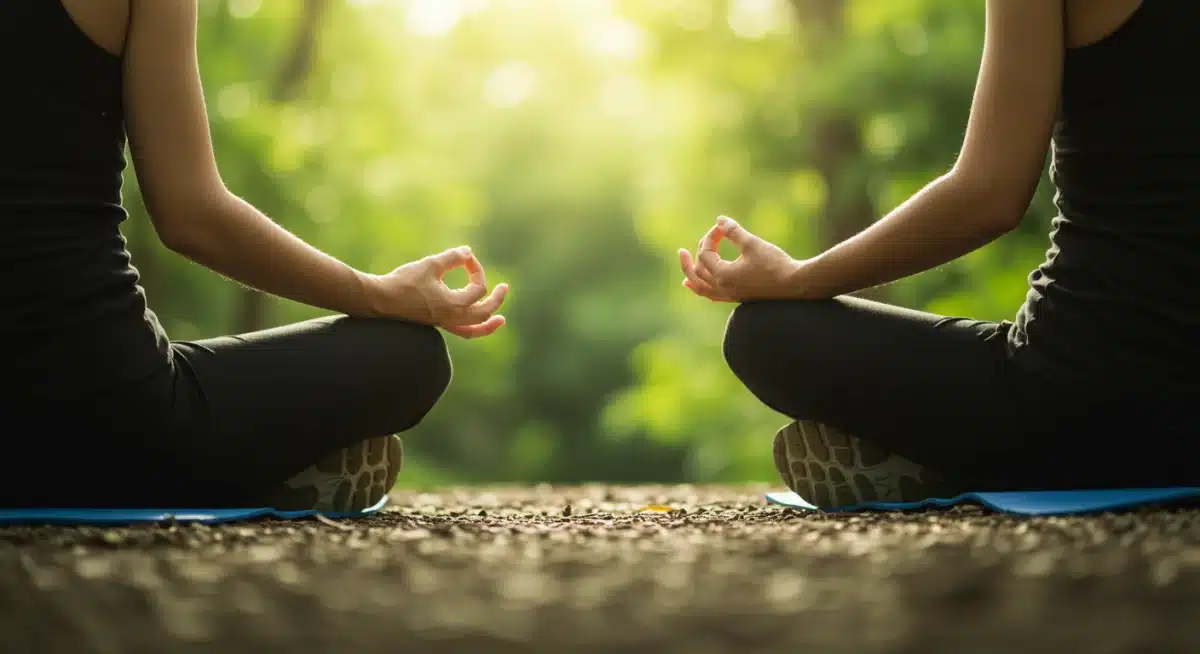 Pessoa meditando em um ambiente natural e tranquilo, simbolizando bem-estar mental.