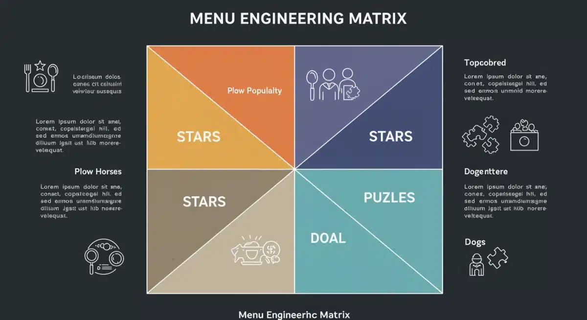 Menu engineering matrix with Stars, Plow Horses, Puzzles, and Dogs quadrants