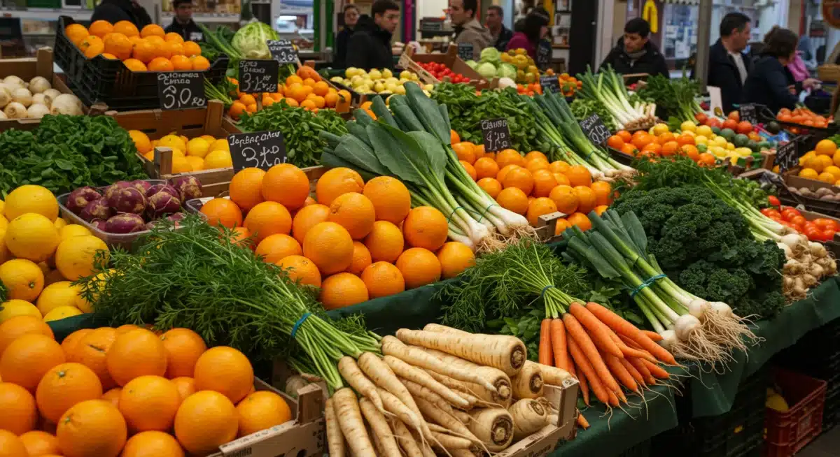 Puesto de mercado local español con productos frescos de enero: frutas y verduras de temporada.