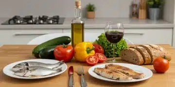 Mesa de dieta mediterránea española moderna con alimentos frescos y saludables