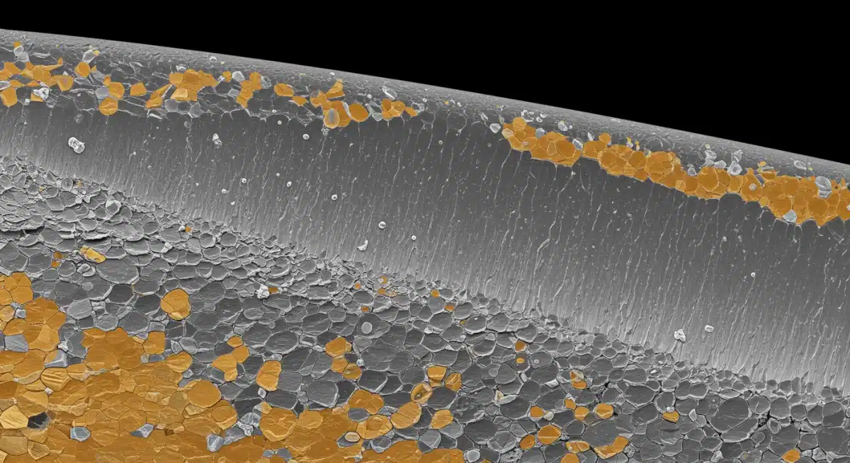 Micrografía detallada de un filo de cuchillo fabricado con acero en polvo, mostrando su estructura de grano fino.